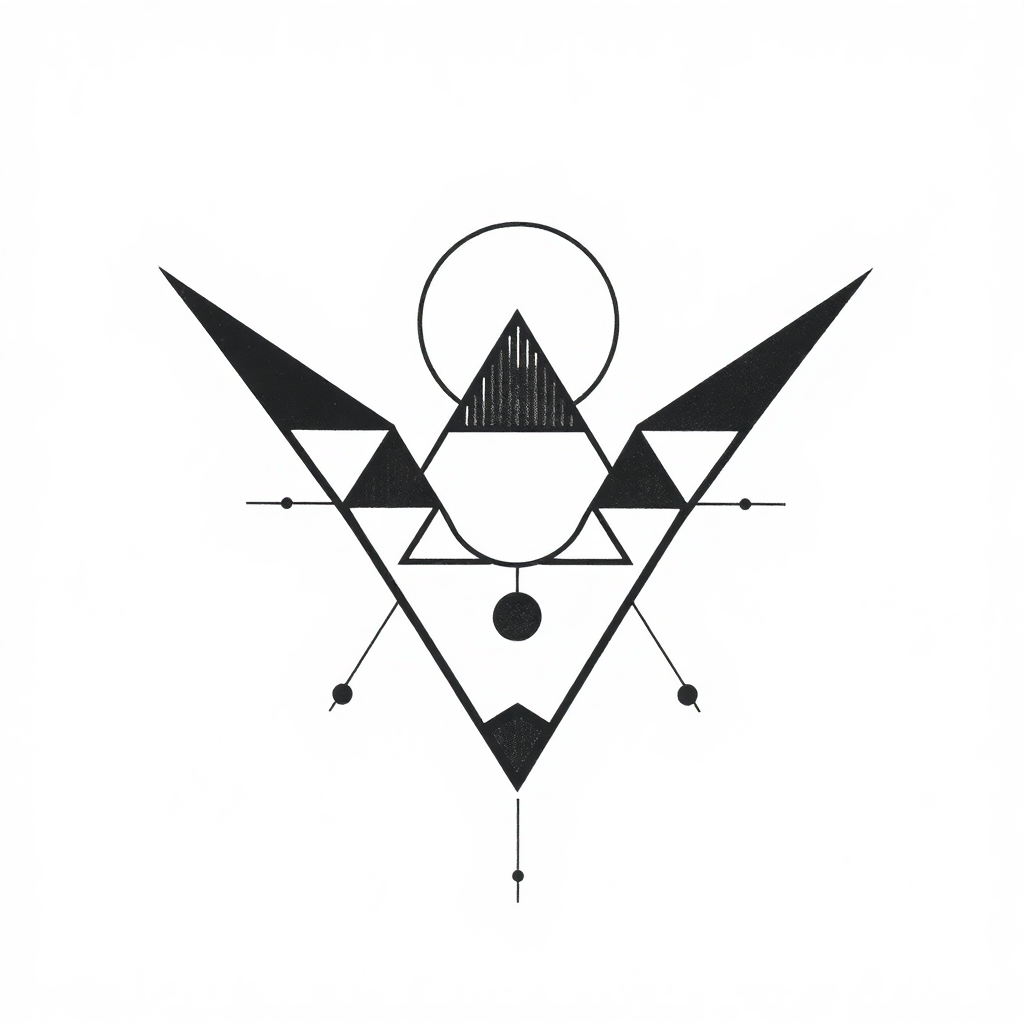 Minimalist black ink geometric tattoo design featuring triangles and circles, medium size, on a solid white background
