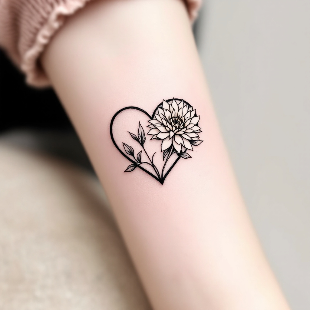 Minimalist heart tattoo design featuring a chrysanthemum for November, set against a solid white background.