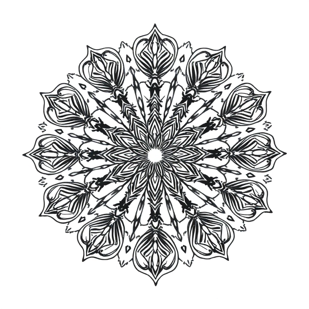 Intricate black and white geometric mandala tattoo design with symmetrical patterns, ideal for geometric back tattoo inspiration.