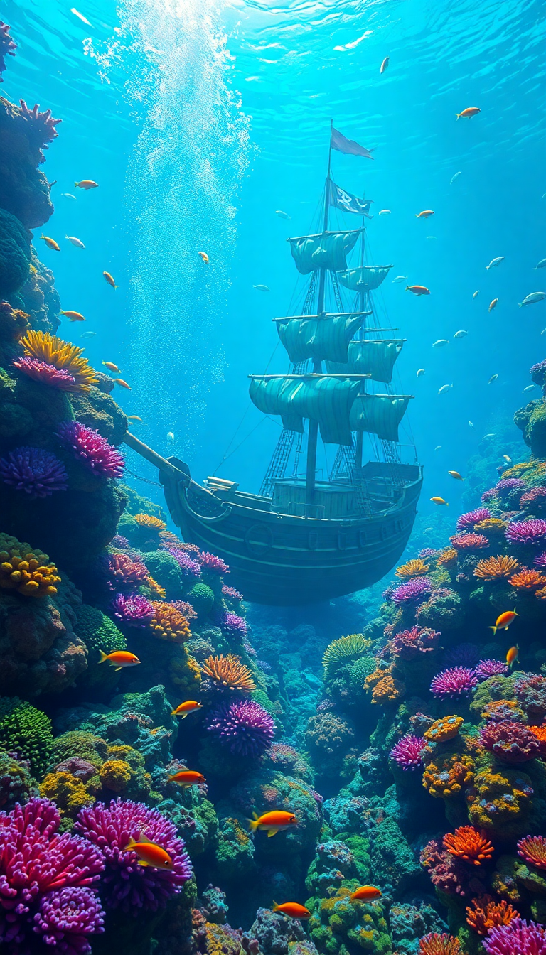 Vibrant underwater scene with a pirate ship, colorful coral reefs, and tropical fish, perfect for custom aquarium backgrounds.