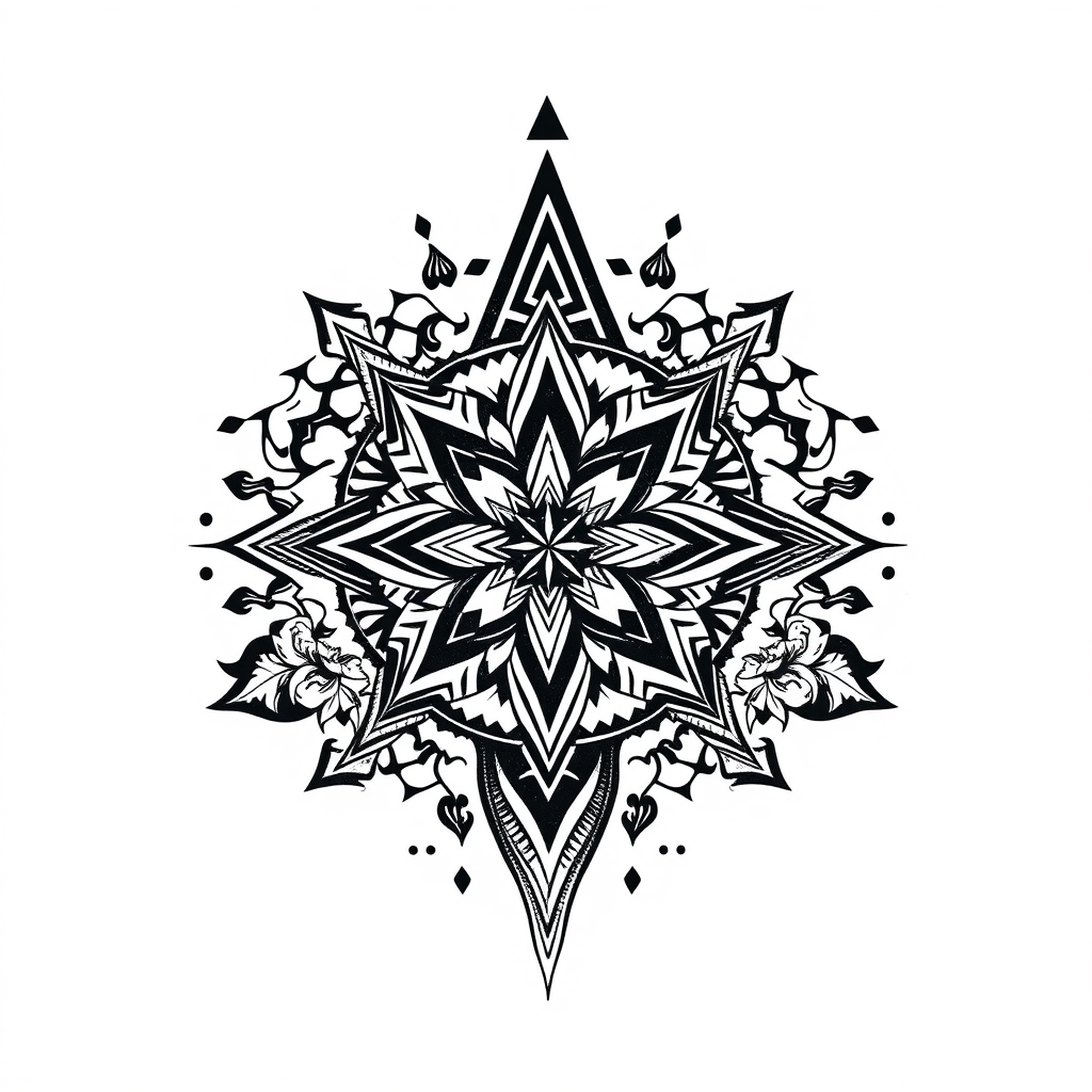 Intricate black and white geometric tattoo design inspired by A$AP Rocky's unique tattoo style on a solid white background.