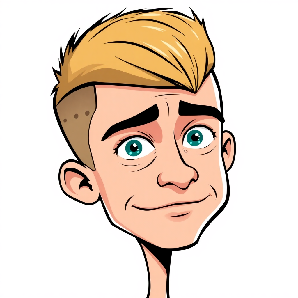 A comic-style caricature featuring a buzz cut hairstyle. 