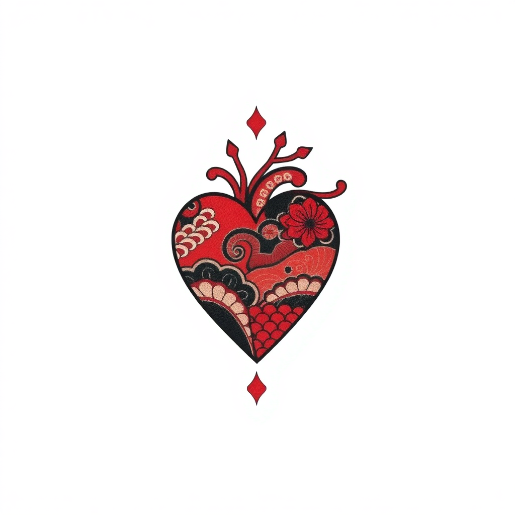 Intricate Japanese heart tattoo design in red and black, showcasing cultural motifs on a white background, ideal for tattoo inspiration.