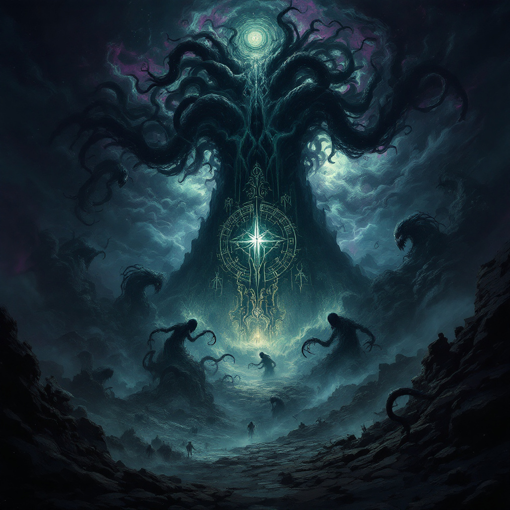 Eldritch horror scene with a twisted landscape, ancient structure, and tentacled creatures shrouded in mist, evoking dread.