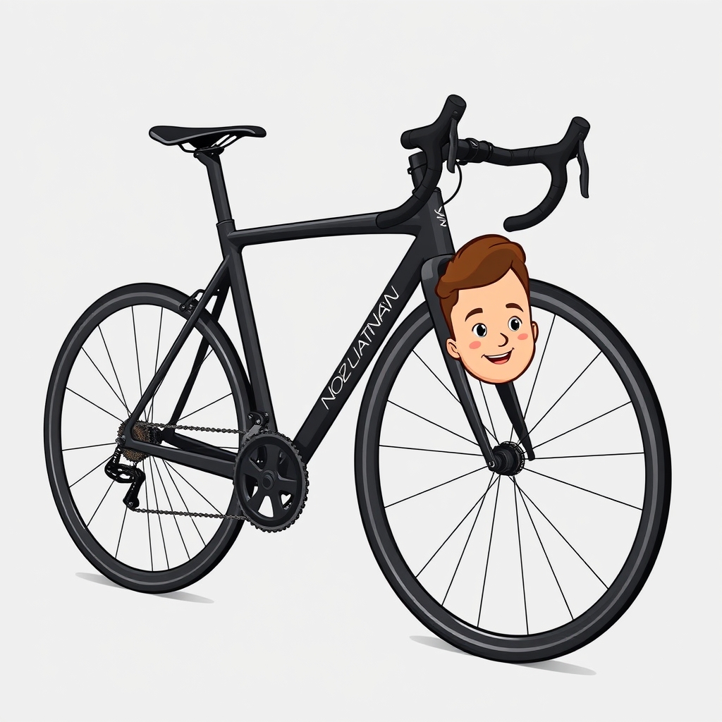 Sleek black cartoon road bicycle with aerodynamic design and a playful face decal, showcasing a unique cartoon bicycle generator concept.
