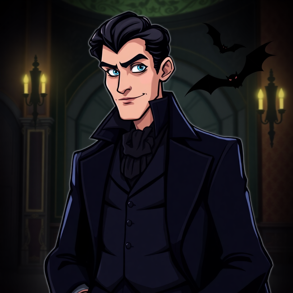 Tall vampire with blue eyes and fangs in Victorian attire, set against a gothic background with a bat silhouette nearby.