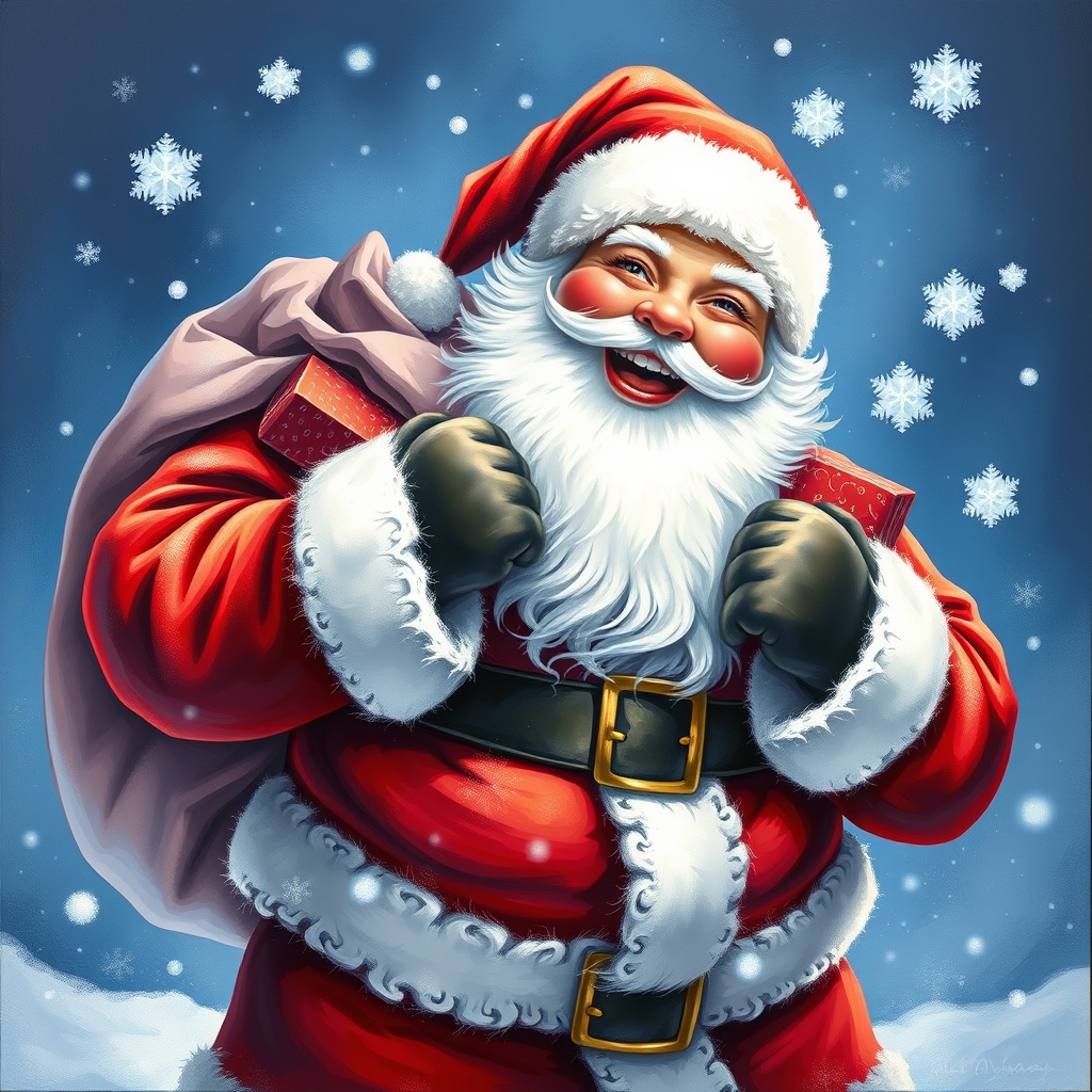 Cheerful Santa Claus in a vibrant red and white suit, holding a bag of presents against a snowy backdrop, perfect for easy Christmas canvas painting ideas.