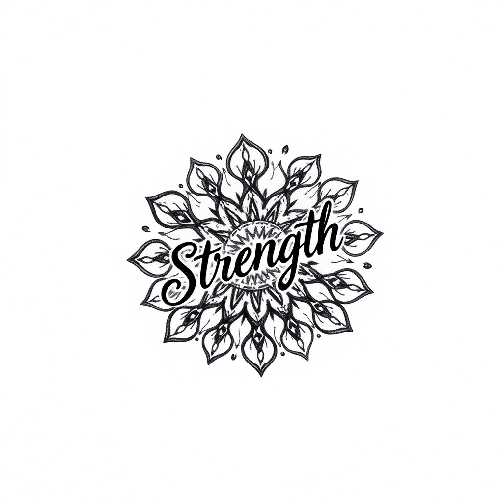 Small black and white tattoo featuring the word "Strength" in elegant script, surrounded by an intricate mandala design.