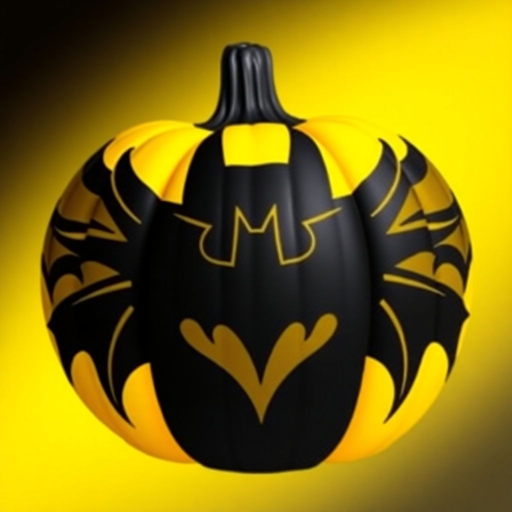 Bold black and yellow Batman pumpkin painting featuring the iconic logo and intricate bat wings against a glowing yellow gradient background.