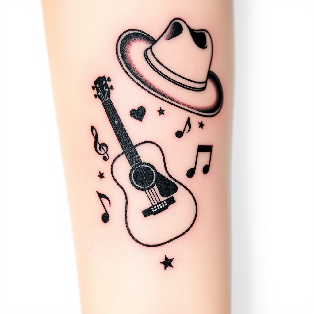 Small black and white tattoo design featuring a guitar, musical notes, and a cowboy hat, perfect for country tattoo ideas for females.