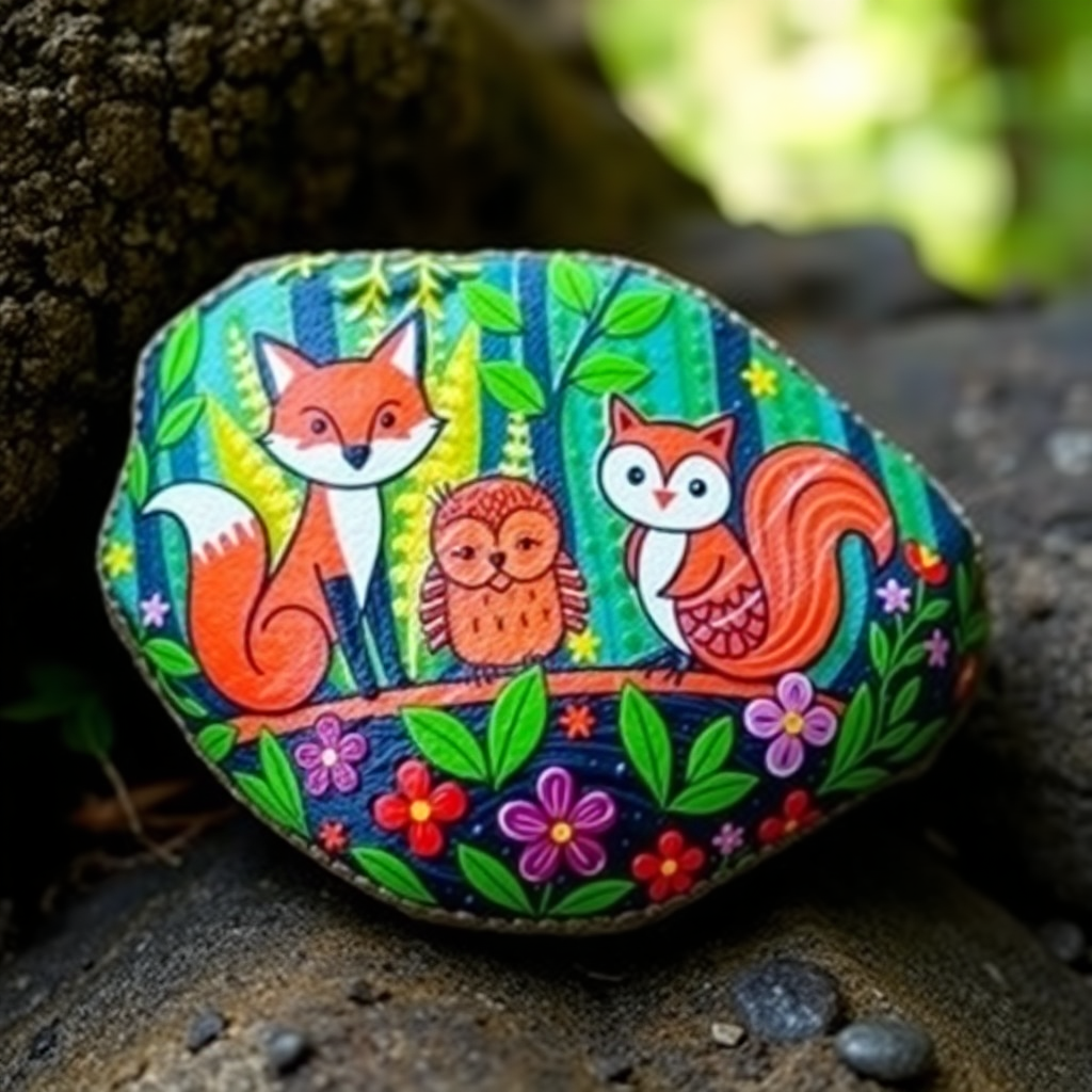 Vibrant odd-shaped rock painting featuring a cheerful fox, curious owl, and lively squirrel in a colorful forest scene.