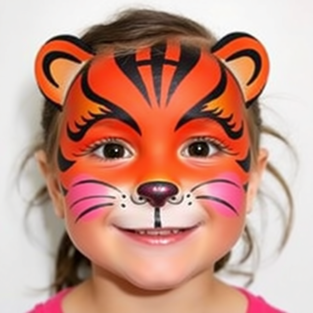 Cute tiger face painting design featuring bright orange and black stripes, big eyes, and a friendly smile, perfect for beginners.