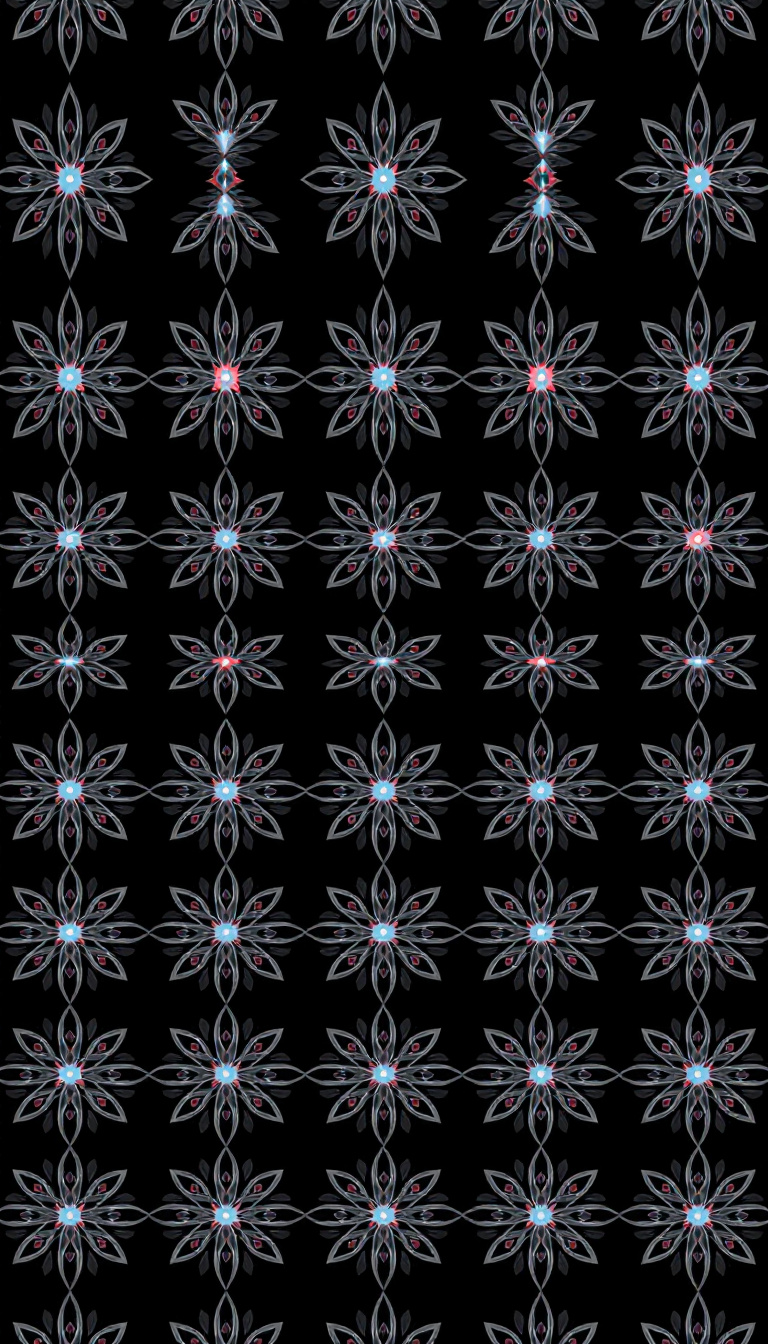 A Flower of Life pattern in navy blue, gray, and red on a solid black background.
