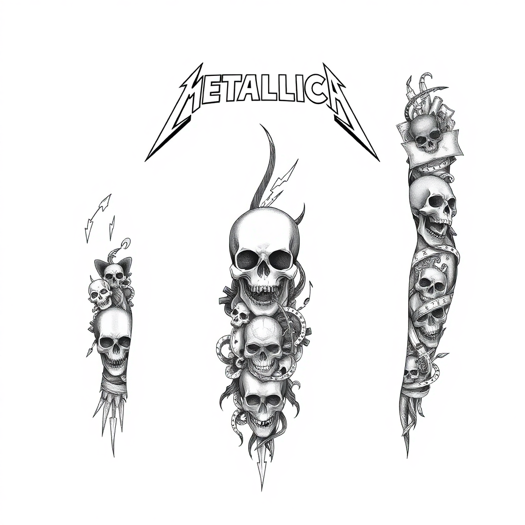 Intricate full sleeve tattoo design featuring the Metallica logo, lightning bolts, skulls, and musical notes on a solid white background.
