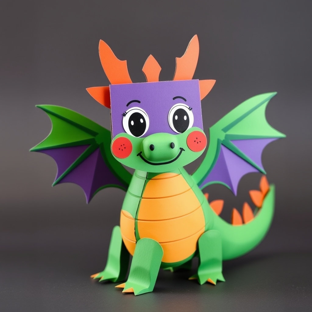 Whimsical cardboard dragon sculpture for kids, featuring vibrant colors, playful eyes, and layered wings, perfect for art projects.