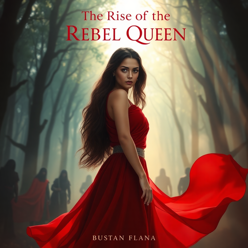 Kora in a flowing crimson dress stands confidently in a dark forest, surrounded by shadowy rebel figures, embodying courage and magic.