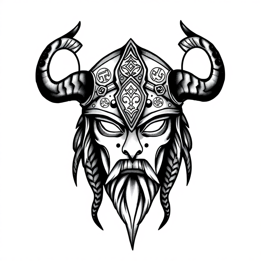 Medium black and grey Loki helmet tattoo featuring intricate Norse mythology symbols, solid white background
