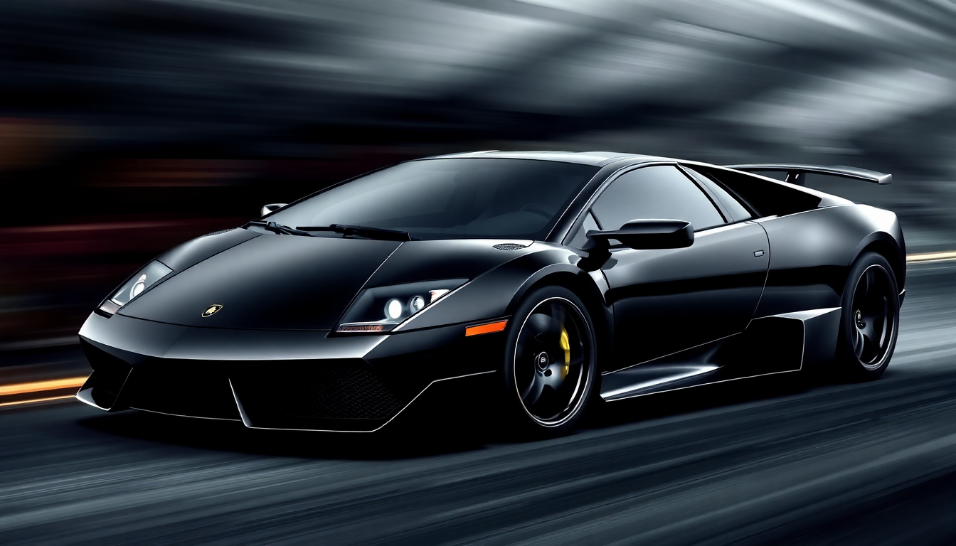 Sleek black Lamborghini Murcielago with yellow accents, showcased against a dynamic backdrop, perfect for Murcielago wallpaper.