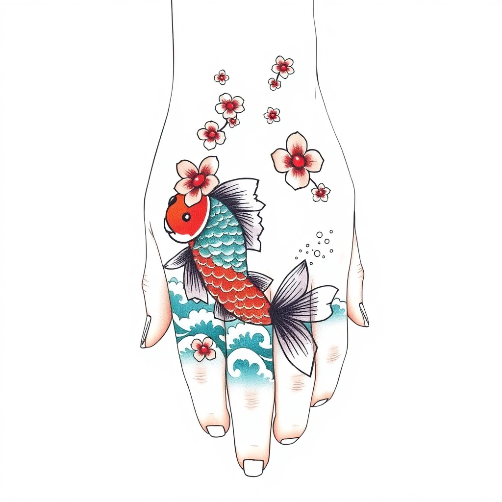 Colorful koi fish swimming through waves with cherry blossoms, showcasing a traditional Japanese hand tattoo design on a white background.