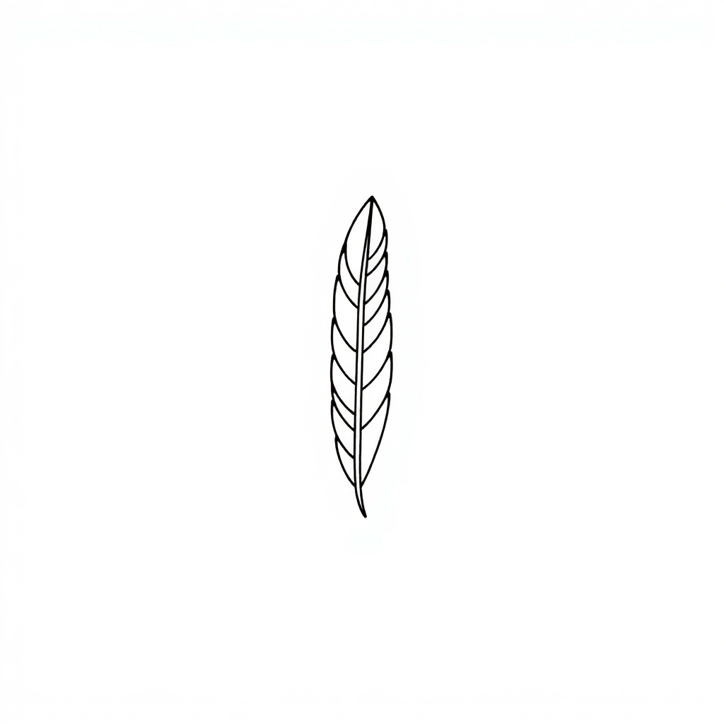 minimalist small feather tattoo design - thin line art - solid white background
