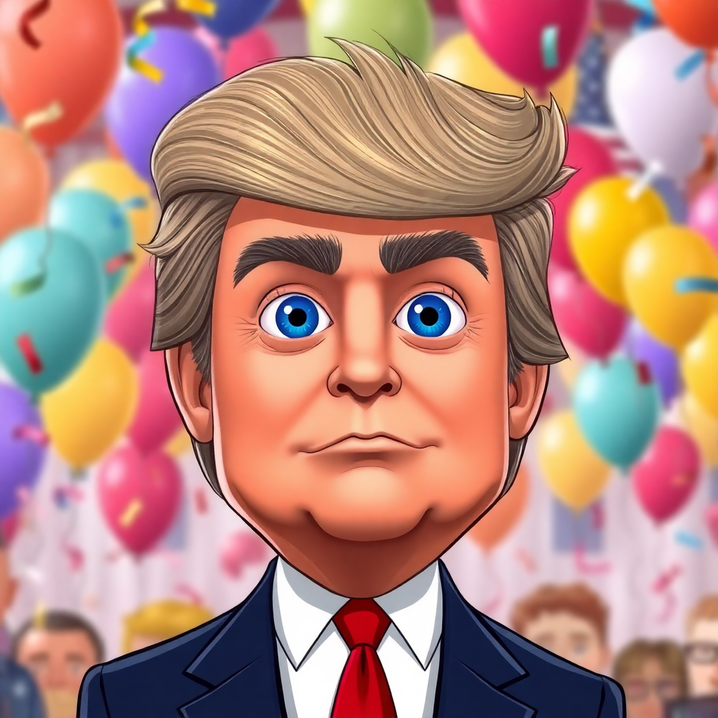 Cartoon character resembling Donald Trump, with blue eyes and a large hairstyle, celebrating a presidential win amid balloons and confetti.