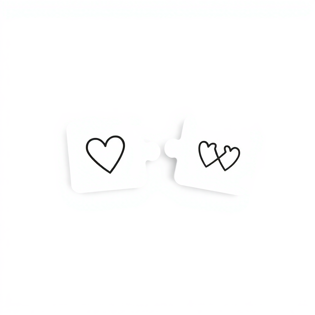 Two minimalist black line art jigsaw puzzle pieces, one featuring a heart and the other an infinity symbol, on a white background.