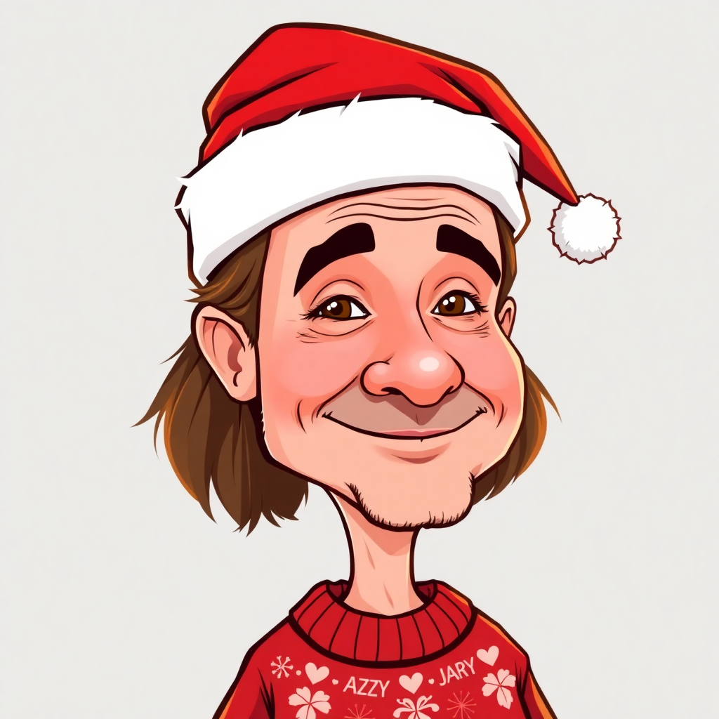 A cartoon-style caricature with natural face features, featuring a Santa hat and a Christmas sweater.
