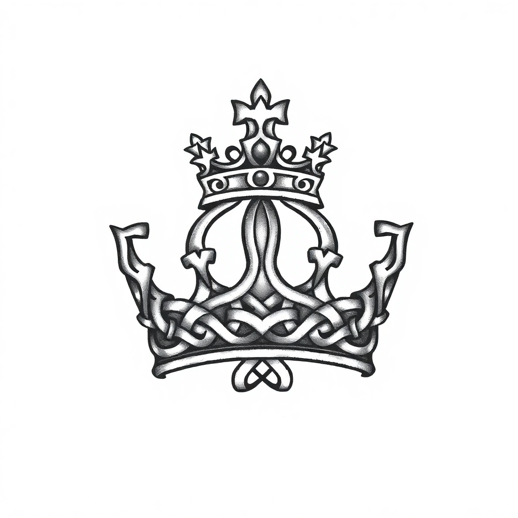 Intricate Celtic crown tattoo design featuring detailed knots on a solid white background, perfect for inspiration in a tattoo generator.