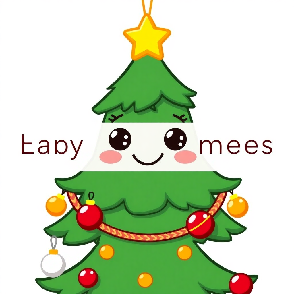 Cheerful cartoon Christmas tree ornament with bright eyes, colorful baubles, and a star, perfect for beginner ornament drawing ideas.