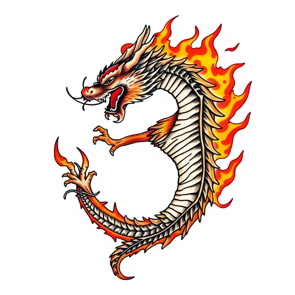 Fierce American traditional dragon tattoo design with bold flames, vibrant colors, and thick lines on a white background.