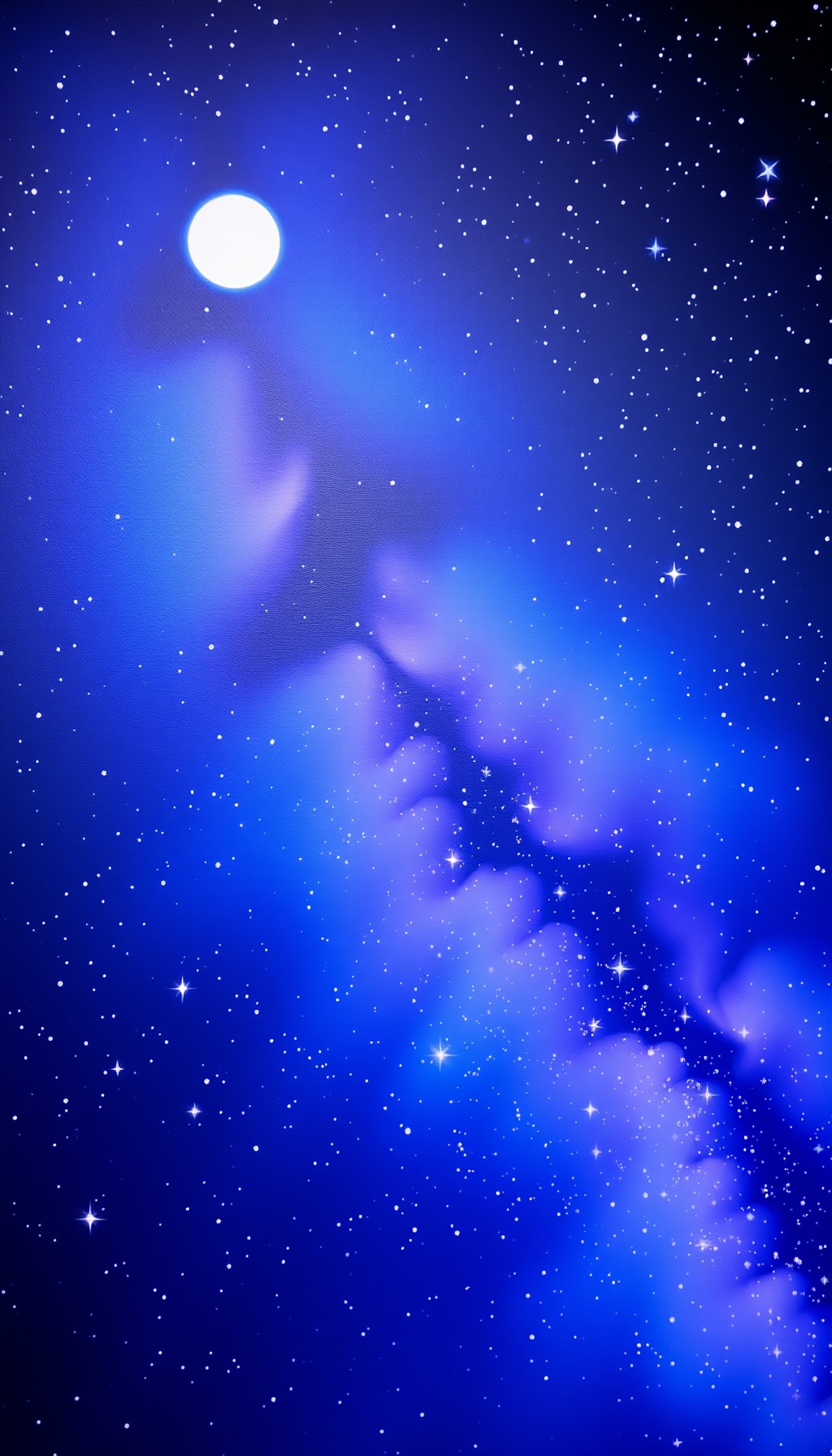 Serene starry night with blue and purple hues, bright moon, and sparkling stars, perfect for a calming desktop background.