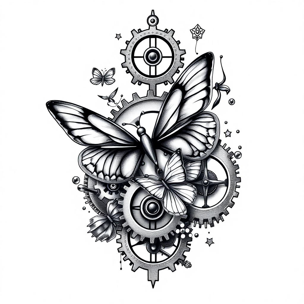 Medium-sized biomechanical mother tattoo design featuring intricate gears and delicate butterflies in black and grey on a white background.