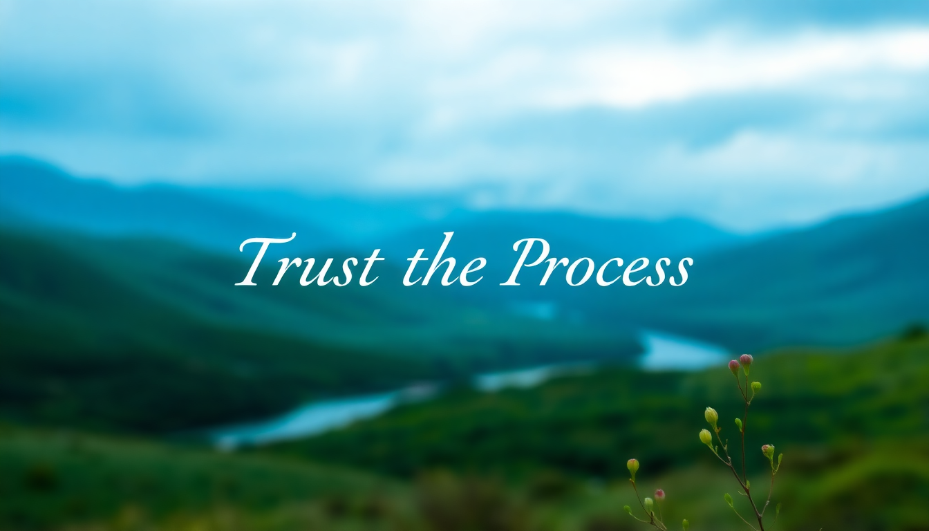 Serene nature scene with hills and a calm river, featuring "Trust the Process" text and elements of growth, perfect for motivational wallpaper.