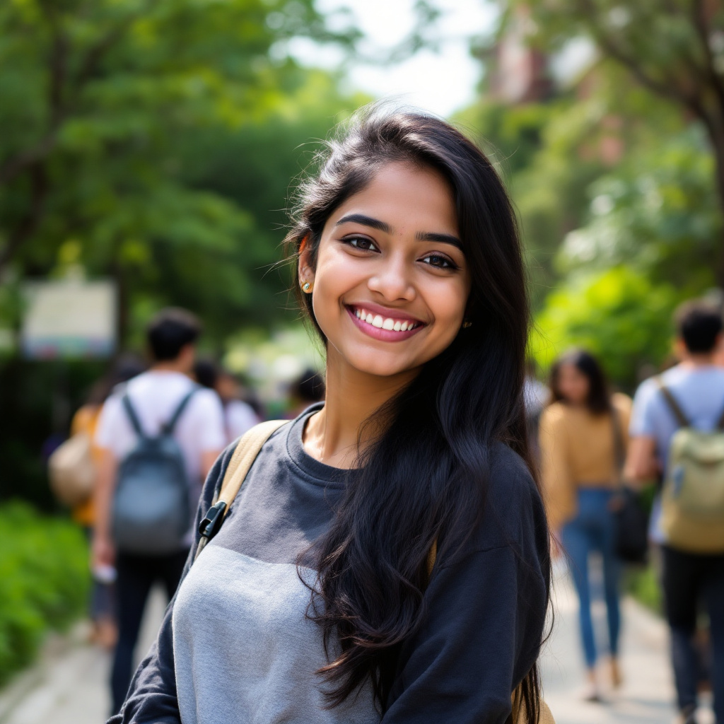 Modern Tamil student in casual attire smiles on a vibrant college campus, showcasing the essence of youthful portrait photography.