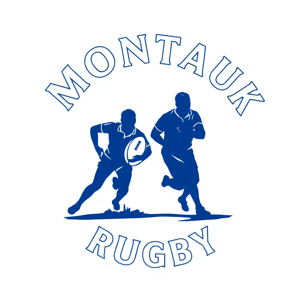 Blue vector graphic logo of Montauk rugby, featuring a rugby ball and players on a solid white background, ideal for rugby logo ideas.
