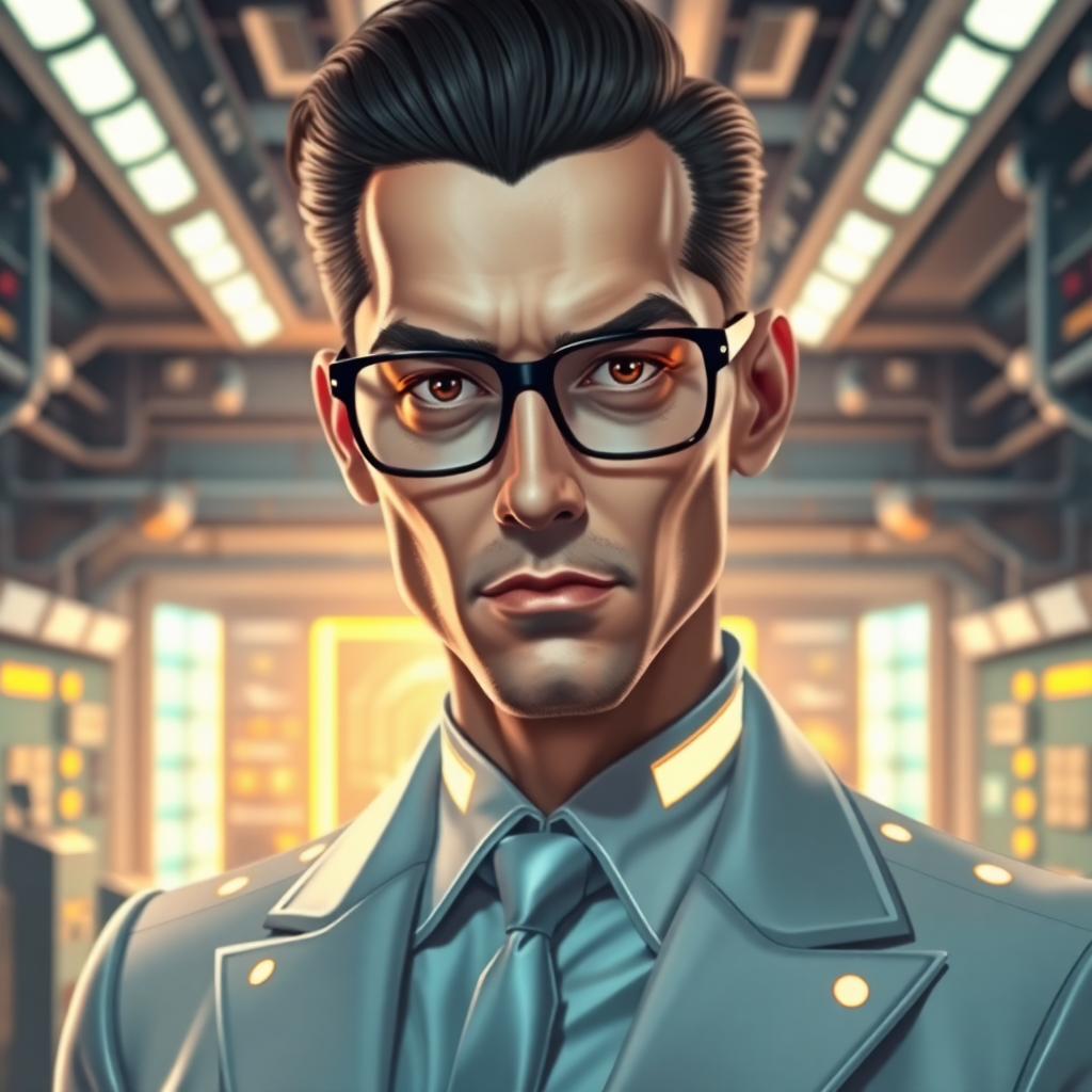 Tall tech villain in a high-tech suit with glowing circuits, set in a futuristic lab, embodying character design creativity.