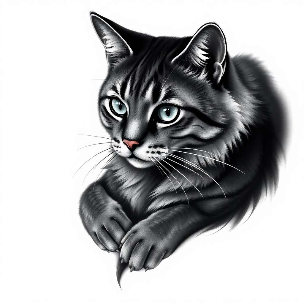 Realistic black and grey cat tattoo design showcasing intricate fur, expressive eyes, and a serene posture on a white background.