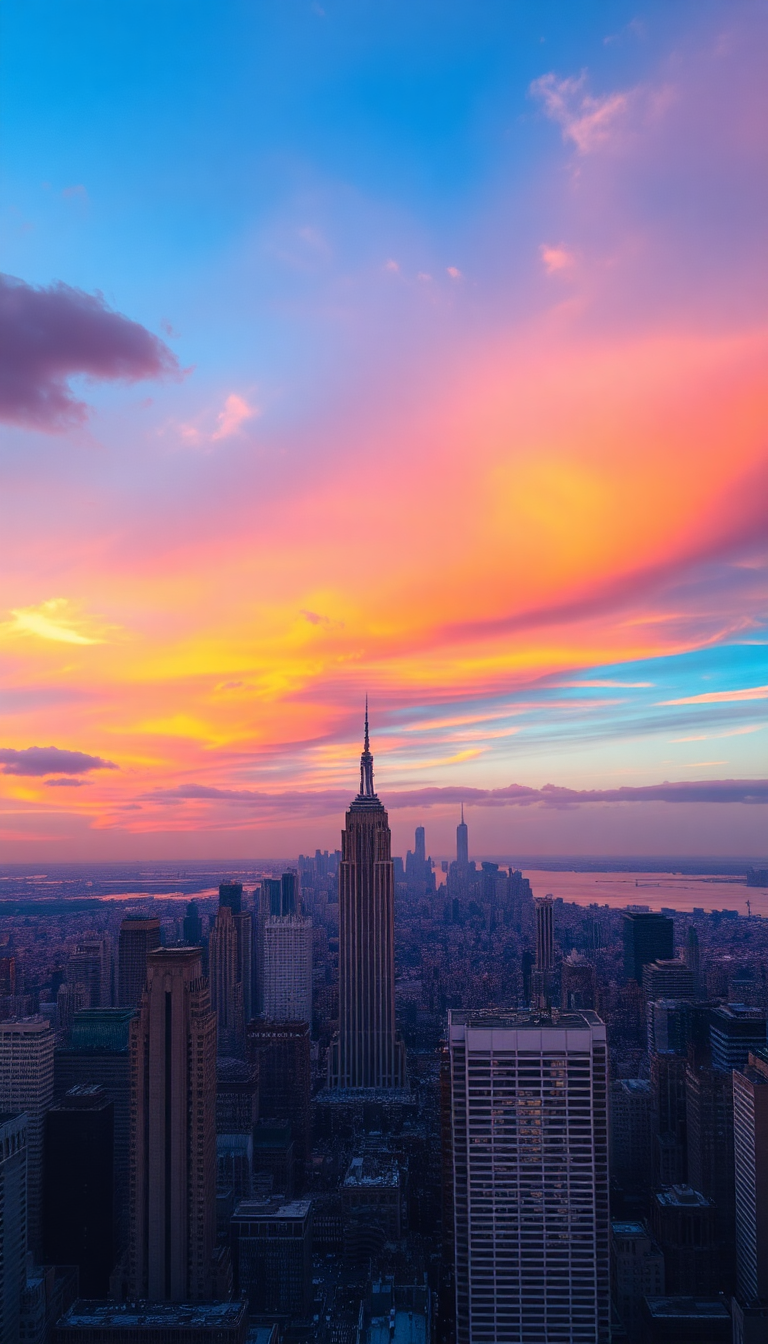 Breathtaking New York City skyline at sunset, featuring vibrant oranges and purples, perfect for a stunning background.