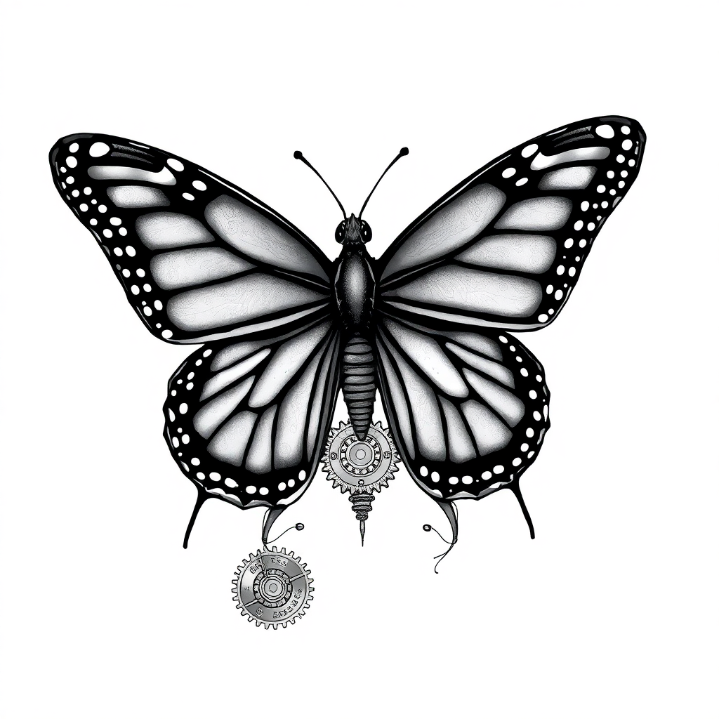 Half monarch butterfly and half steampunk biomechanical tattoo design in black and grey, featuring intricate gears on a white background.