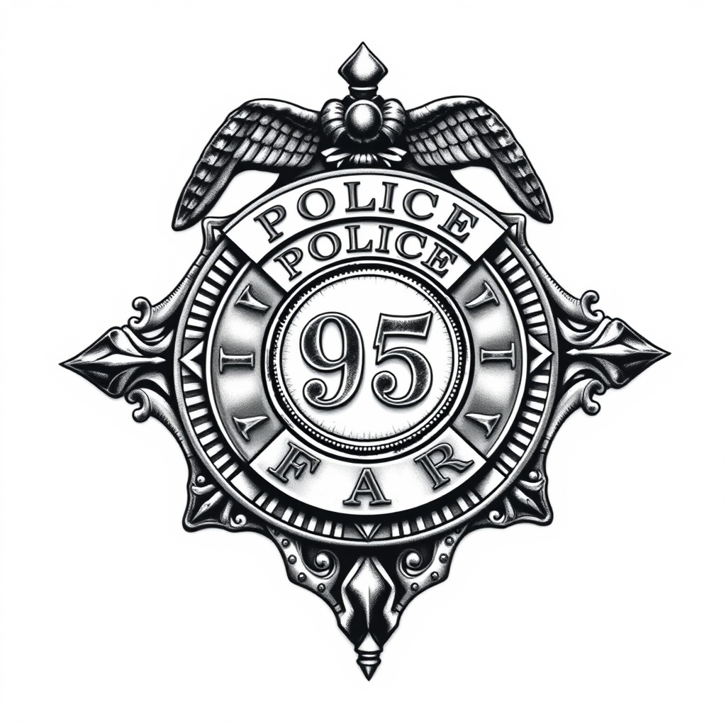 Realistic police badge tattoo design with detailed textures and the officer's badge number, set against a solid white background.