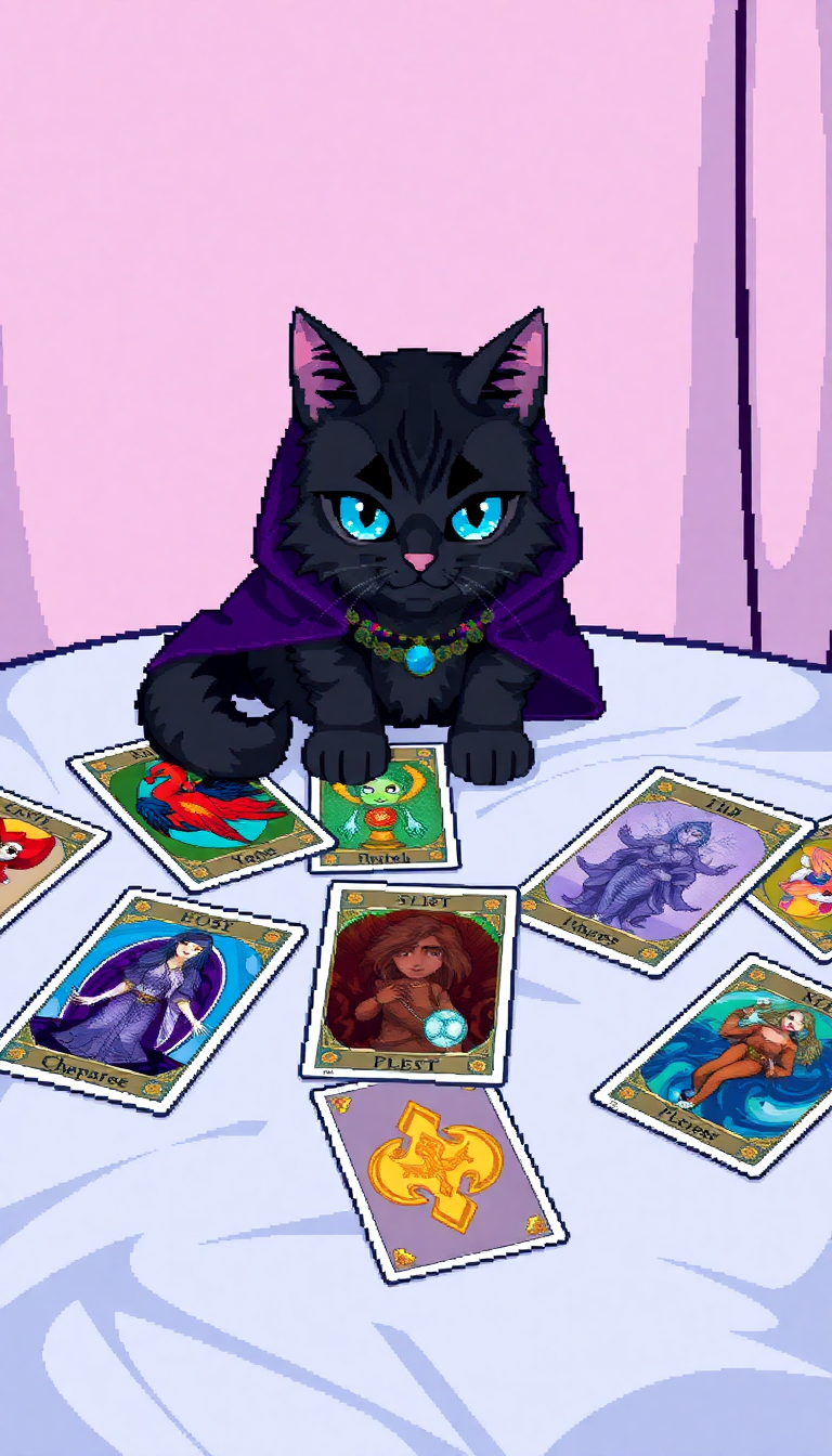 Soft pastel pixel art background featuring tarot cards and a curious gray cat in a cozy, magical setting.