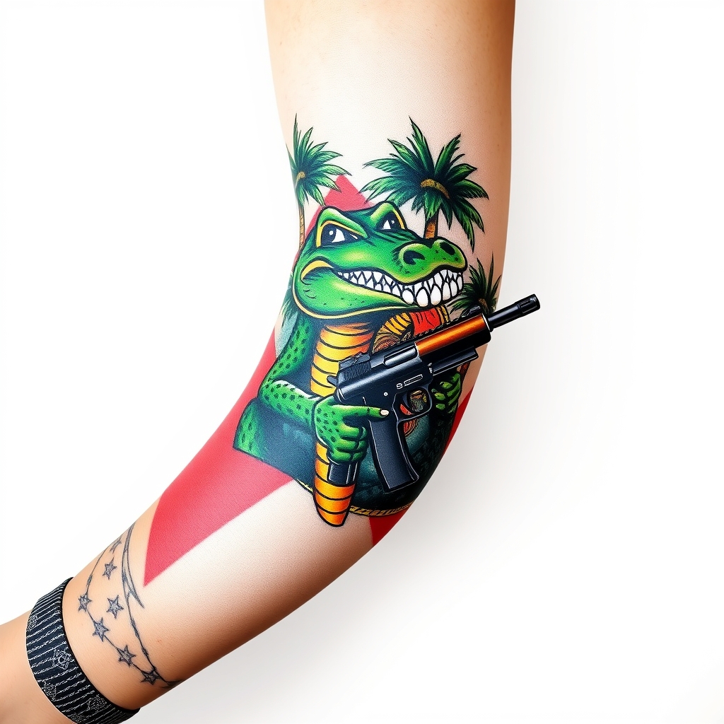 Florida-themed tattoo sleeve design featuring the state flag, a thug alligator with a gun, and vibrant palm trees on a white background.
