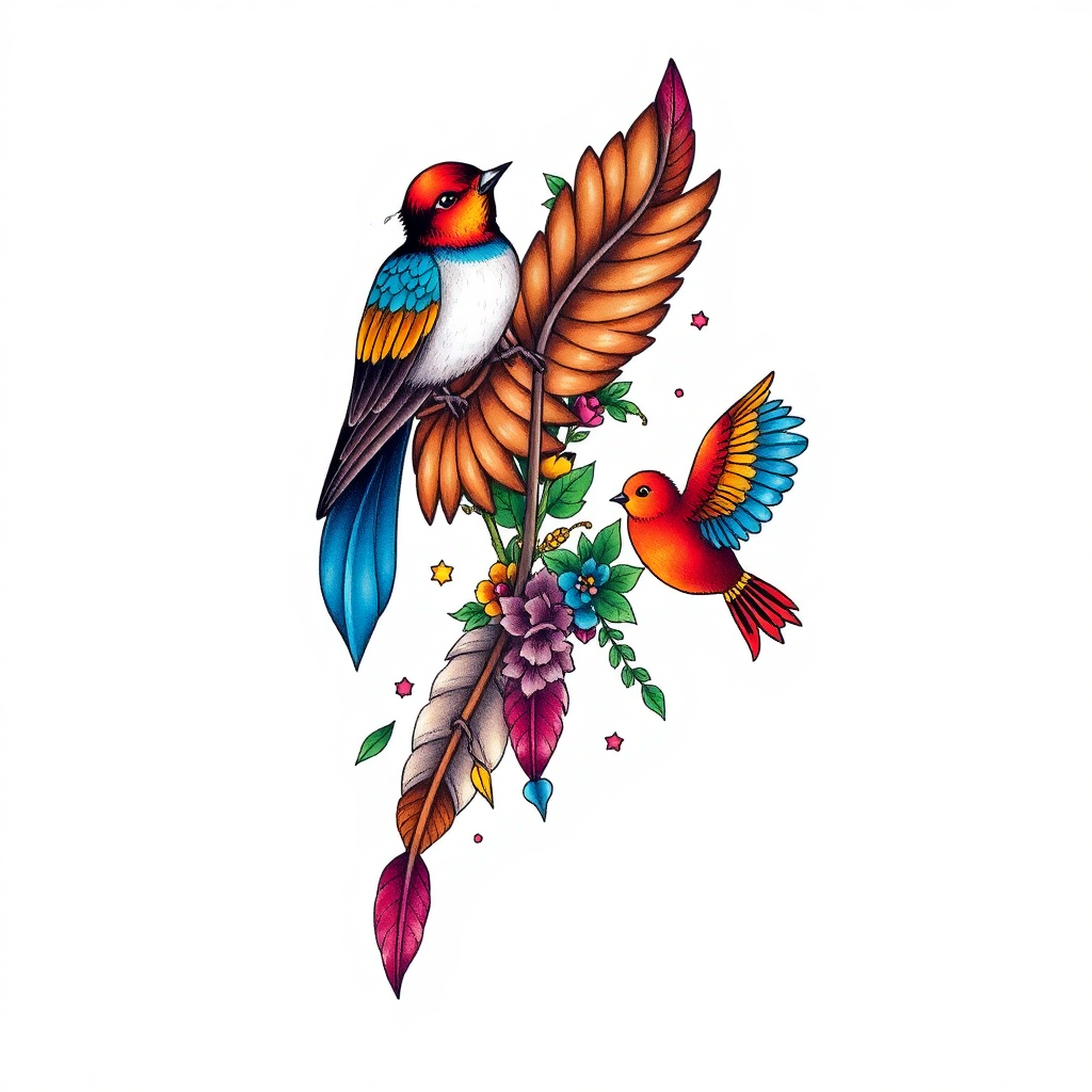 New School style feather tattoo featuring colorful elements and birds, medium size, solid white background
