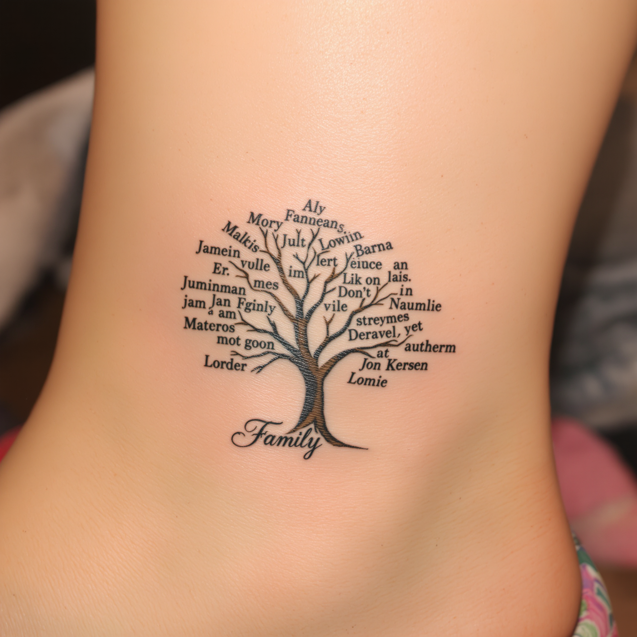Elegant family tree tattoo on ankle, featuring names as branches in a flowing font, showcasing personal family connections.
