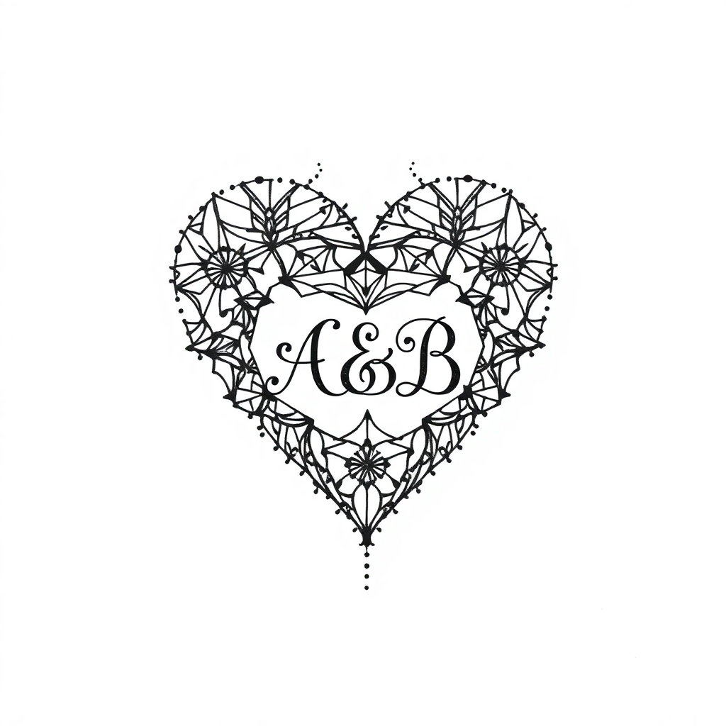 Geometric dotwork heart tattoo with intricate patterns and "A & B" initials on a solid white background, perfect for a tattoo generator.
