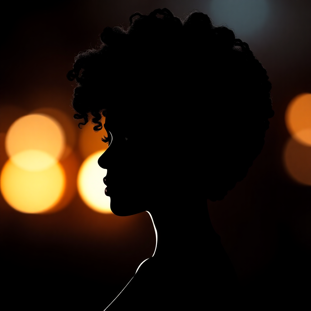 Curvy biracial woman with short curly hair, silhouette in black
