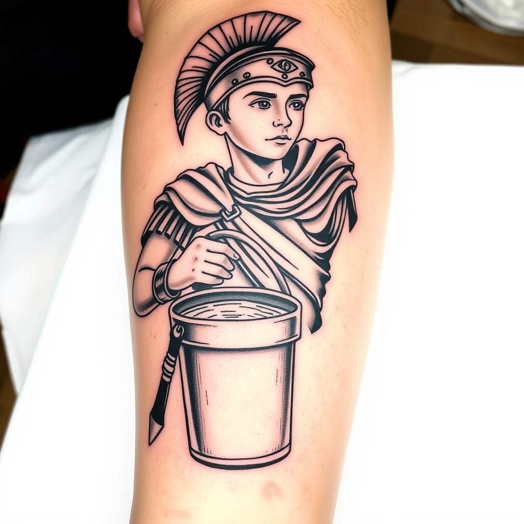 Chicano-style tattoo of a young Roman soldier with detailed armor and a bucket, showcasing bold lines on a white background.
