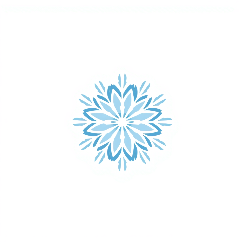 "Blue" vector graphic logo of a snowflake, solid "WHITE" background, simple minimal –no realistic photo details
