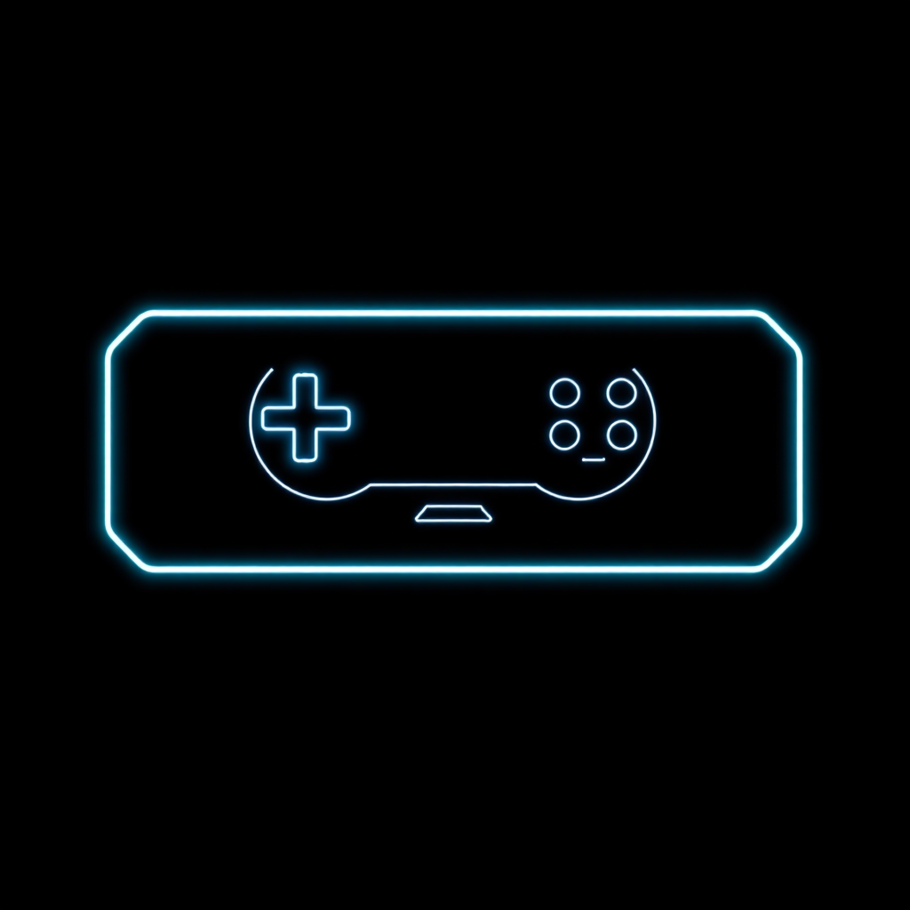 Neon and black vector graphic logo of a video game, solid black background, simple minimal –no realistic photo details
