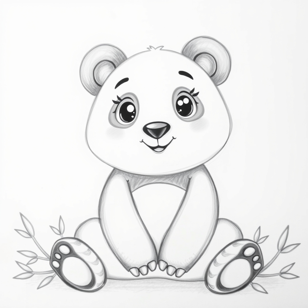 Cartoon panda with big eyes and a smile, sitting among bamboo, showcasing a cute and gentle drawing style for beginners.